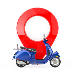 Poster - Blue Classic Vintage Retro or Electric Scooter in front of Map Pointer Pin. 3d Rendering