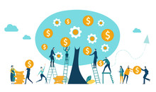 People, Bankers Collecting Money From The Money Tree. Investment, Savings, Salary And Banking Concept Illustration