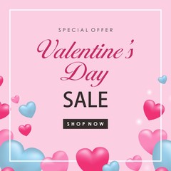 Wall Mural - Valentine Day Sale Design With Heart, Advertising Social Media Banner Template Vector