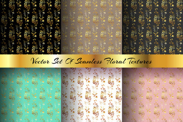 Wall Mural - Trendy backgrounds. Vector set of floral seamless patterns with golden leaves. Beautiful texture made of abstract plants. Endless pattern for fabric and textile, paper wrapping.