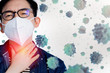 © whyframeshot - close up young asian male businessman wearing pollution mask with gesture action express ill sickness bad health from weather with pm2.5 environment city air problem