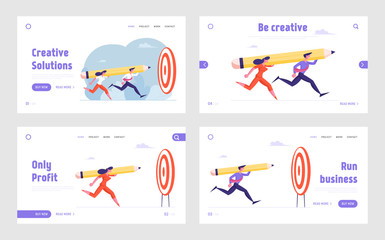 Poster - Business Competition, Creative Idea, Task Solution Website Landing Page Set. Businesspeople Throw Huge Pen to Aim Reach New Level Development. Start Up Web Page Banner Cartoon Flat Vector Illustration