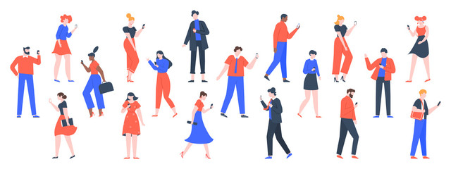 People with devices. Men and women use laptop, tablet and smartphones, characters with internet devices equipment, holding and using digital gadgets vector. minimal guys with phones online