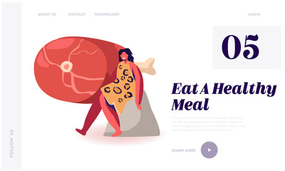 Paleo Diet Nutrition, Healthy Eating of Ancient People Website Landing Page. Cave Woman Wearing Animal Skin Sit on Rock with Huge Meat Lying beside Web Page Banner. Cartoon Flat Vector Illustration