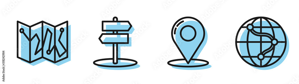 Set line Map pin, Folded map with location marker, Road traffic sign ...