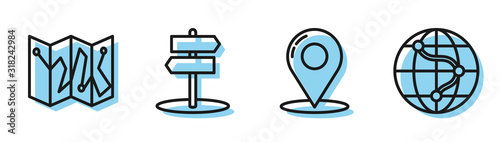Fotografía Set line Map pin, Folded map with location marker, Road traffic sign and Location on the globe icon