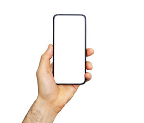 Smartphone (phone) empty screen in a hand. Black smartphone isolated on white background. Blank phone screen for image and design