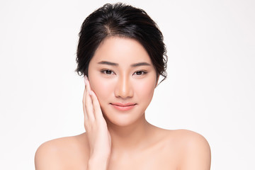 Portrait beautiful young asian woman clean fresh bare skin concept. Asian girl beauty face skincare and health wellness, Facial treatment, Perfect skin, Natural make up, on white background,two