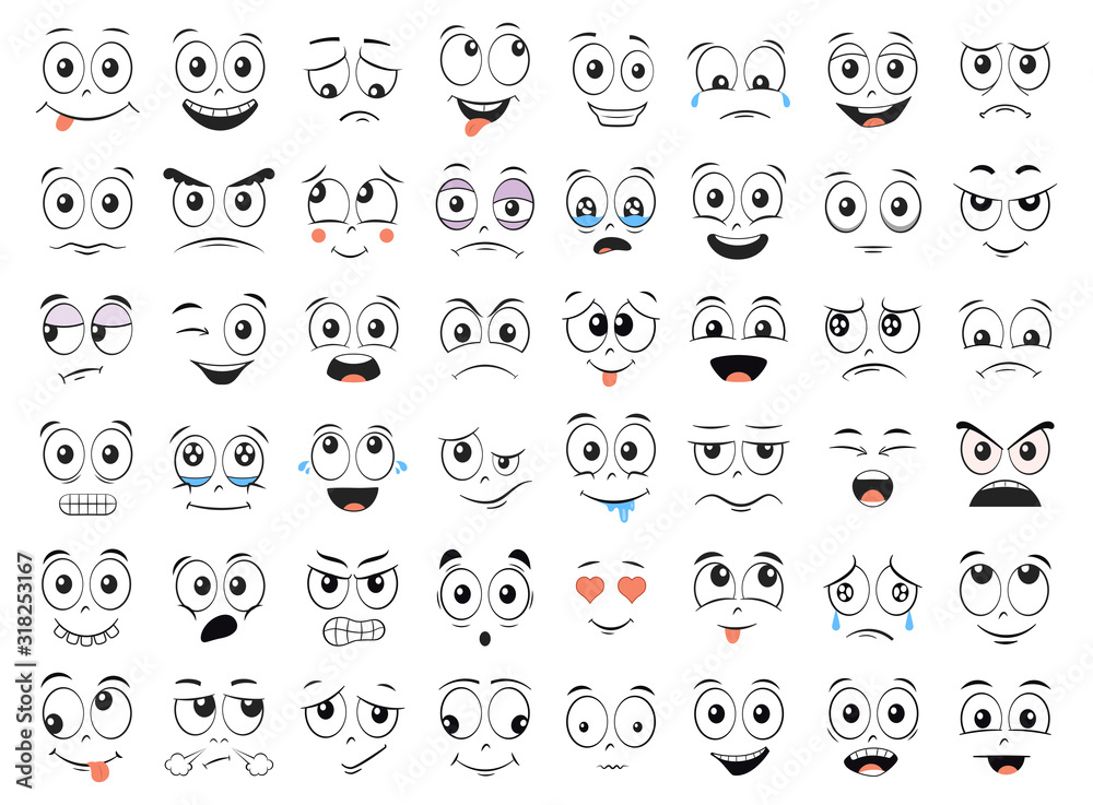 Cartoon faces set. Angry, laughing, smiling, crying, scared and other expressions. Illustration. - obrazy, fototapety, plakaty 