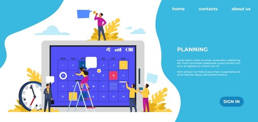 Poster - Schedule landing page. Time management, office work events and meetings. Vector web page with entrepreneurship or schedule training planning events