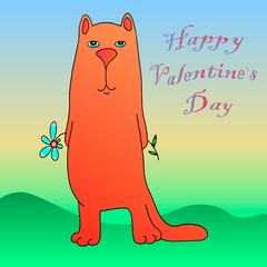 happy valentine`s day greeting card with cat and heart