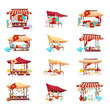 Bazaar trade tents cartoon vector illustrations set. Middle east marketplace flat color objects. Retail canopy with souvenirs, handmade pottery, hookah and crafted carpets isolated on white background