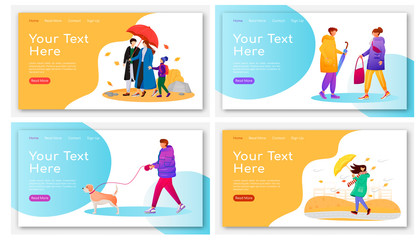 Poster - Walking people landing page flat color vector templates set. Humans with umbrellas homepage layouts. Rainy day one page website interface with cartoon characters. Wet weather web banner, webpage