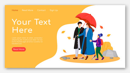 Poster - Walking family landing page flat color vector template. Parents with child homepage layout. Autumn nature one page website interface with cartoon characters. Couple with umbrella web banner, webpage