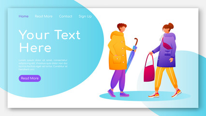 Poster - People in raincoats landing page flat color vector template. Walking caucasian humans homepage layout. Rainy day one page website interface with cartoon characters. Wet weather web banner, webpage