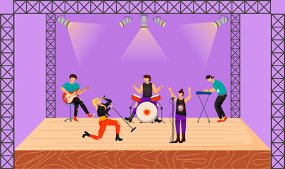 Poster - Punk rock band flat vector illustration. Music group with two vocalists performing at concert. Musicians playing together on stage. Live musical performance. Festival. Cartoon characters