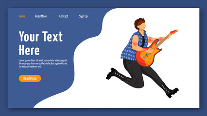Poster - Guitarist landing page vector template. Jumping guitar player website interface idea with flat illustrations. Musician homepage layout. Music band member web banner, webpage cartoon concept