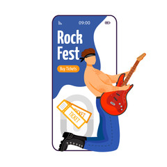 Poster - Rock fest cartoon smartphone vector app screen. Tickets. Guitarist. Concert, gig. Festival, event. Mobile phone display with flat character design mockup. Application telephone cute interface