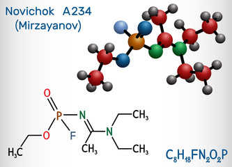 Poster - Novichok A-234 , organophosphate,  nerve agent, according to Mirzayanov, C8H18FN2O2P molecule. Structural chemical formula and molecule model