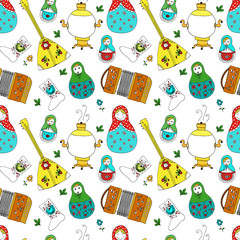 Matreshka doll seamless pattern. Vector doodle illustration. Russian symbols.