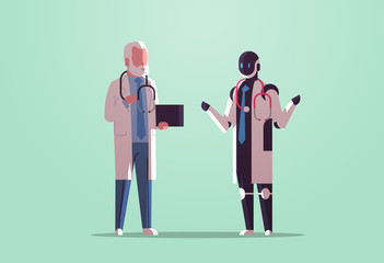Poster - robot and human doctors discussing during meeting robotic character vs man with stethoscope standing together healthcare artificial intelligence technology concept flat full length horizontal vector