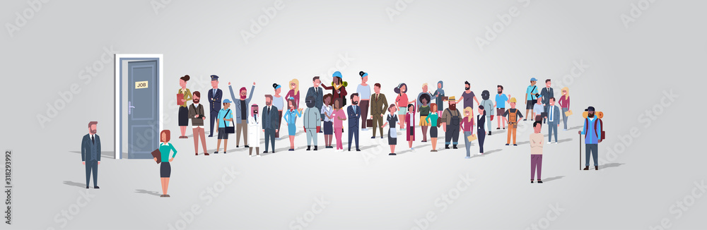 businesspeople candidates standing in line queue to door office hiring job employment concept different occupation workers group waiting for interview horizontal full length vector illustration - obrazy, fototapety, plakaty 