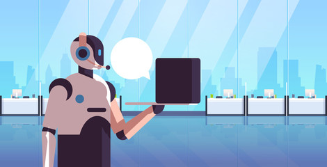 Poster - robotic operator consultant using laptop chat bubble client support call center concept artificial i