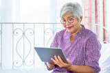 Senior eldery female woman holding and using digital tablet