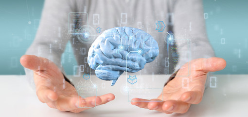 Poster - businessman holding a intelligence artificial brain with data - 3d rendering