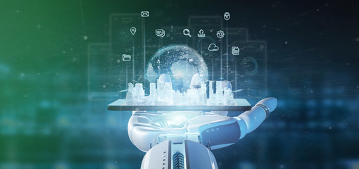 Poster - Cyborg hand holding Smart city user interface with icon, stats and data 3d rendering