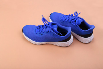 Wall Mural - Blue running shoes on pink pastel background