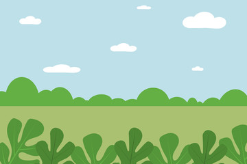 Landscape from fantasy compositions. Sea with mountains and trees in a minimal style. Flat design, vector illustration