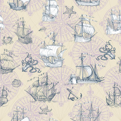  Old caravel, vintage sailboat. Hand drawn vector sketch. Vector seamless pattern