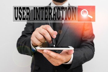 Fototapete - Handwriting text writing User Interaction. Conceptual photo the conduit between huanalysis and computer interaction Male human wear formal work suit hold smart hi tech smartphone use one hand