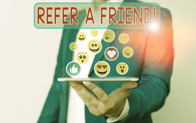 Poster - Conceptual hand writing showing Refer A Friend. Concept meaning direct someone to another or send him something like gift