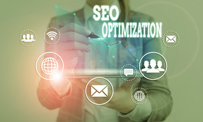 Poster - word writing text seo optimization. business photo showcasing increasing visibility of a website or 