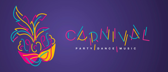 Wall Mural - Carnival handwritten typography colorful logo dance music carnival mask isolated purple background