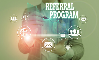 Poster - Word writing text Referral Program. Business photo showcasing employees are rewarded for introducing suitable recruits