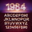 Retro CRT screen Futuristic Movie Font. Stylish Retro Synth Wave Alphabet in 80s style. Vector font on laser grid background