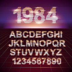 Poster - Retro CRT screen Futuristic Movie Font. Stylish Retro Synth Wave Alphabet in 80s style. Vector font on laser grid background