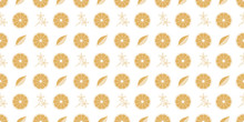 Golden Seamless Pattern With Orange Fruit Slice, Flower And Leaf. Gold Texture