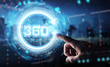 Man hand using 360 degree virtual reality neon interface 3D rendering