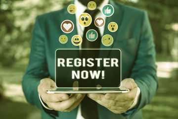 Poster - handwriting text register now. conceptual photo official list or record showing or things into forum