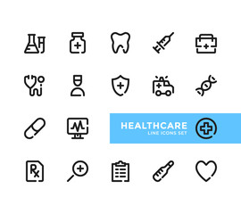 Fototapete - Healthcare line icons set. Pixel Perfect. Modern outline symbols collection, minimal style simple linear graphic design elements. Vector line icons