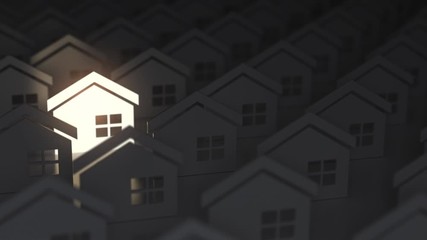 Wall Mural - Choosing the right real estate property. Unique lighting house sign in group of houses. 3d animation