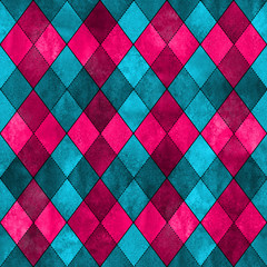 Wall Mural - Pink and blue teal argyle seamless plaid pattern. Watercolor hand drawn texture background.