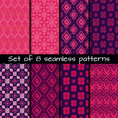 Set of 8 seamless patterns in ethnic style. Boho ornament. Tribal art print, background for fabric design, wallpaper, wrapping.