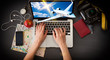© fotoru - The plane fly out of the computer . Online travel booking concept.