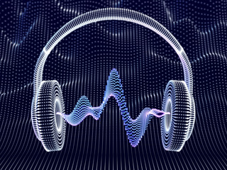 Wall Mural - 3D headphone with sound waves on dark background. Abstract visualization of digital sound and modern art. Concept of electronic music listening. Digital audio equipment. EPS 10 vector illustration.