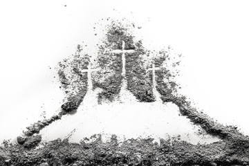 Wall Mural - Three cross on Golgota hill drawing made of ash or dust as christian religion, God sacrifice, Good Friday, Ash Wednesday, Easter, Jesus Christ or Lent concept